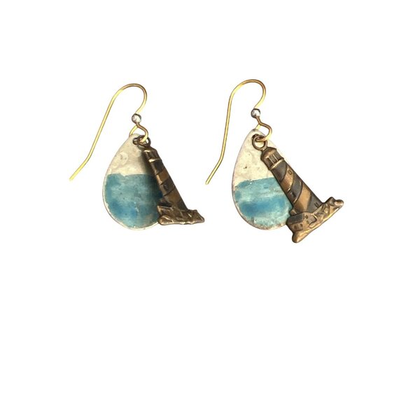 Nautical Lighthouse Dangle Earrings Layered Turquoise Blue Enamel Coastal 1.5" - Picture 3 of 5